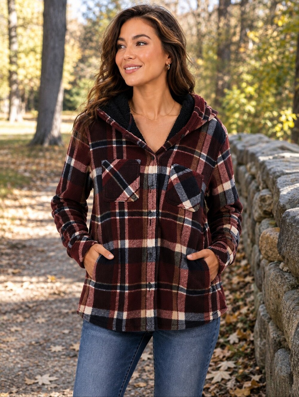 Realtree Plaid Sherpa Lined Hooded Shacket Jacket Burgundy Women’s S